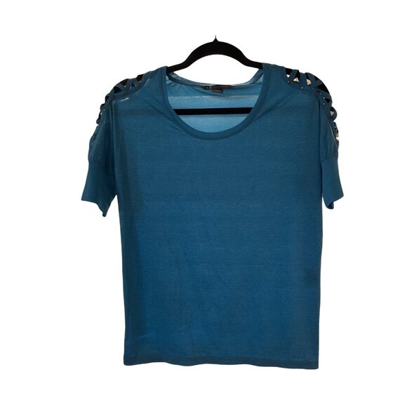 Armani Exchange Blue Cutout Shoulder T-Shirt S Womens Casual Lightweight - Picture 1 of 5